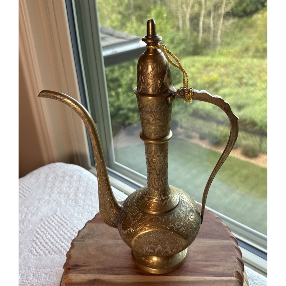 VTG Boho Brass Middle Eastern Persian Teapot Pitcher Engraved Floral Oil Read